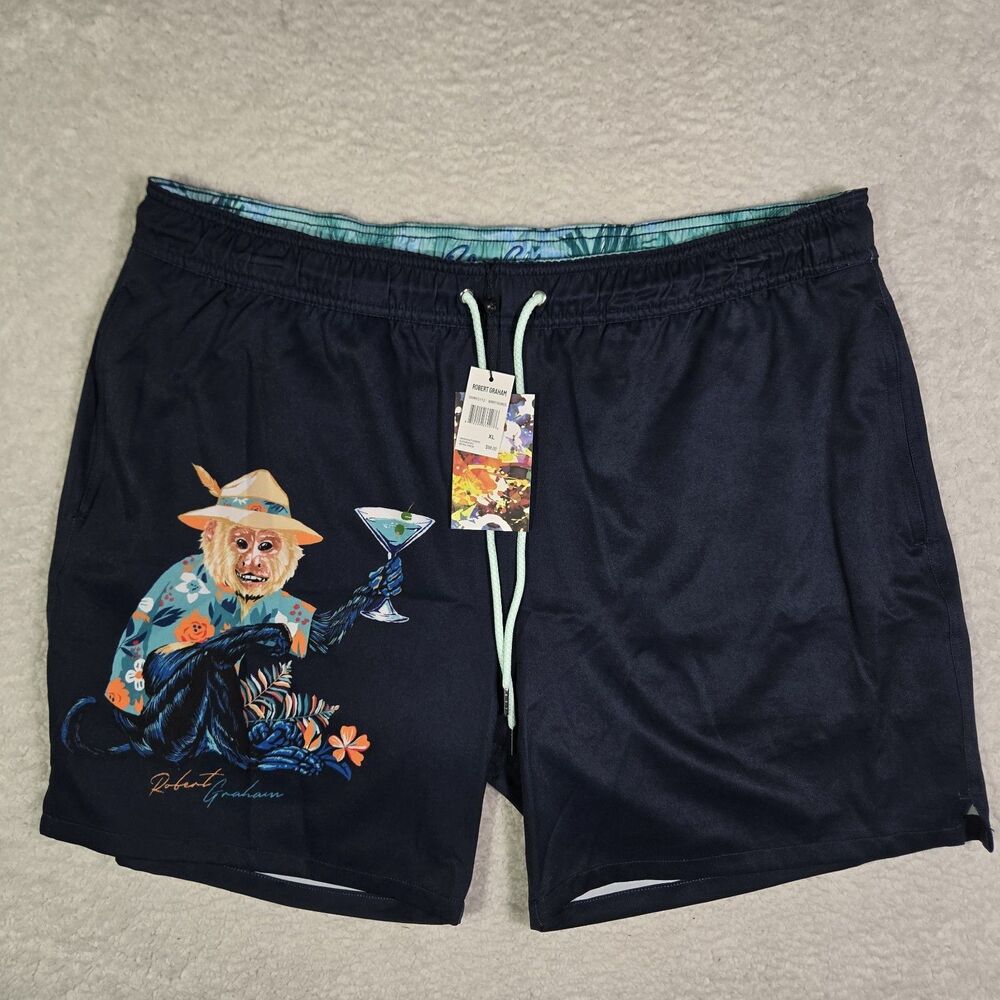 Robert Graham Swim Trunks Mens XL Monkey Martini Blue Lined Shorts 5" Inseam